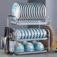 Kelvenix 3-Tier Dish Drying Rack, Large Plate Cutlery & Cup Holder in Silver | Size: 0.6m2