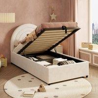 Rolipo Beige Velvet Upholstered Single Bed with Hydraulic Storage 90x190cm | Size: Double