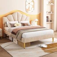 Rolipo Beige Velvet Double Bed 4ft6 Shell Headboard Golden Legs