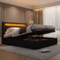 Rolipo Black PU Upholstered Double Bed Frame 135x190cm with Storage & LED