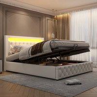 Rolipo White PU Upholstered Ottoman Bed with LED Headboard 150x200cm | Size: Double