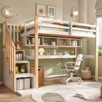 Rolipo Pine Wood House Loft Bed with Desk & Storage Stairs, 90x190cm, White | Size: Double