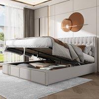 Rolipo Light Grey Linen Upholstered Double Bed 4ft6 with Hydraulic Storage