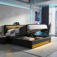 Rolipo Black PU Upholstered Double Bed 4ft6 with LED, USB & Storage