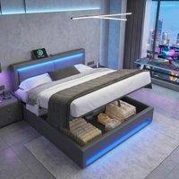 Rolipo Grey PU Upholstered Double Bed 4ft6 with LED, USB & Storage 135x190cm