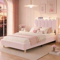 Rolipo 3FT Single Platform Bed Frame 90x190cm Velvet Pink with Storage & USB in Light Pink | Size: Double