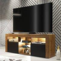 Mex Furniture LTD TV Unit Pulse 145cm - Dark Oak with Black Matt Doors + LED Lights in Brown