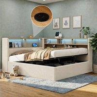 BTM 4FT6 L Shape Daybed Hydraulic LED USB Storage Beige | Size: Double