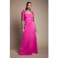 Oasis Women's Square Neck Chiffon Tie Shoulder Satin Jacquard Bridesmaid Dress in Bright Pink | Size: 8