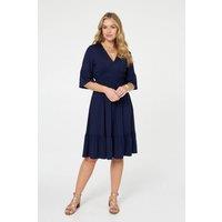 Izabel London Women's Shirred Waist 3/4 Sleeve Midi Dress in Blue | Size: 12