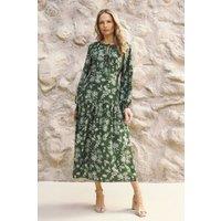 Izabel London Women's Floral Long Sleeve Tie Neck Maxi Dress in Green | Size: 8