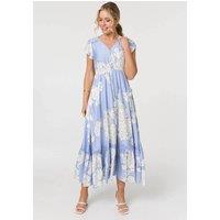 Izabel London Women's Floral Cap Sleeve Button-Up Maxi Dress in Blue | Size: 14