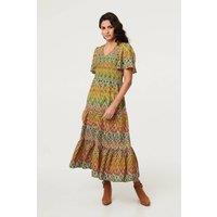Izabel London Women's Printed Angel Sleeve Tiered Midi Dress in Green | Size: 12
