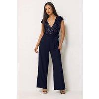 M&Co Women's Petite Sequin Wide Leg Jumpsuit in Dark Navy | Size: 12