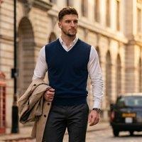 MyShoeStore Men's Men's Cotton Blend Sleeveless Fine Knit Jumper Regular Fit Sweater in Navy | Size: Large