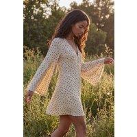 NastyGal Women's Polka Dot Button Down Extreme Flared Sleeve Mini Dress in Ecru | Size: 8