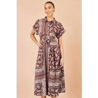 Yumi Women's Scarf Print Midi Shirt Dress in Brown | Size: 14