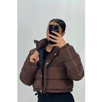 Femme Luxe Women's High Neck Padded Cropped Puffer Jacket in Brown | Size: 8