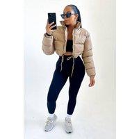 Femme Luxe Women's High Neck Padded Cropped Puffer Jacket in Stone | Size: 6