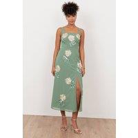 Maya Deluxe Women's Floral Embellished Square Neck Midaxi Dress in Light Green | Size: 12
