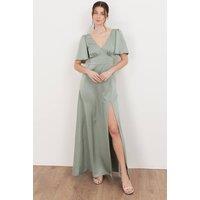 Maya Deluxe Women's V Neck Angel Sleeve Satin Maxi Dress in Green | Size: 10
