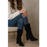 Down To Earth Women's Mid Calf Block Heel Slouch Boots - Faux Suede Pull-On Dress Boots in Black | Size: 5