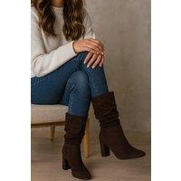 Down To Earth Women's Mid Calf Block Heel Slouch Boots - Faux Suede Pull-On Dress Boots in Brown | Size: 8