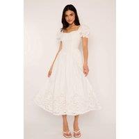 Jaded Rose Women's Daphne White Cotton Puff Sleeve Embroidered Midi Dress | Size: 12