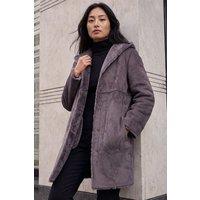 Roman Women's Petite Faux Sheepskin Hooded Coat in Taupe | Size: 10