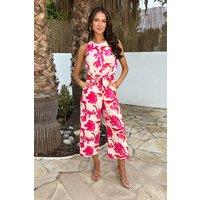 AX Paris Women's Pink & Cream Floral Print Tie Waist Jumpsuit | Size: 8