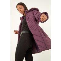Roman Women's Petite Hooded Longline Quilted Coat in Plum | Size: 8