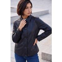 Roman Women's Petite Faux Leather Button Jacket in Black | Size: 14