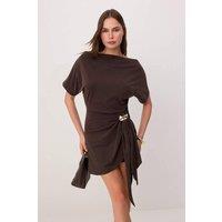 WOVCOR Women's Boat Neck Drop Sleeve Accessory Detail A-Line Mini Dress in Dark Brown | Size: Medium