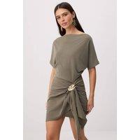 WOVCOR Women's Boat Neck Drop Sleeve Accessory Detail A-Line Mini Dress in Khaki | Size: XS
