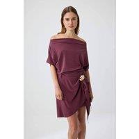 WOVCOR Women's Boat Neck Drop Sleeve Accessory Detail A-Line Mini Dress in Aubergine | Size: XS