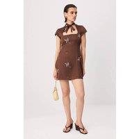 WOVCOR Women's Square Neck Short Sleeve Embroidered Tie Detail A-Line Mini Dress in Brown | Size: 14