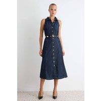 WOVCOR Women's Halter Neck Sleeveless Midi Denim Dress in Dark Blue | Size: 14