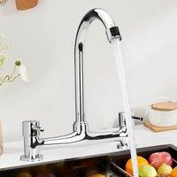 NESTLUNE Modern Dual Lever Chrome Kitchen Sink Mixer Taps 2 Hole in Silver | Size: 10000mm x 520mm
