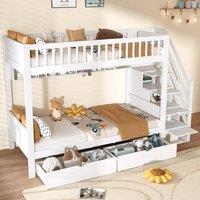 Rolipo 3ft Single Solid Wood Bunk Bed with Stairs & Storage Drawers, White | Size: Double