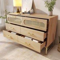 Rolipo 120cm Oak Rattan 6 Drawer Sideboard Storage Cabinet in Natural