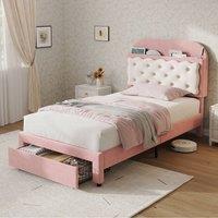 Rolipo Single Velvet Bed Frame with Adjustable Headboard & Drawer Pink/Cream in Pink | Size: Double