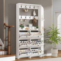 ModernLuxe Coat rack shoe storage cabinet with 6 flip drawers, hooks, shelves in White