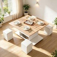 Merax White Lift Top Coffee Table with 4 Hidden Stools & Storage Compartment in Natural