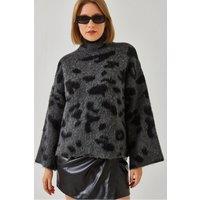 Bianco Lucci Women's Relaxed Fit Leopard Print Half Turtleneck Sweater in Dark Grey