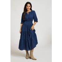FS Collection Women's Half Sleeve Cotton Floral Jacquard Tiered Midi Dress in Navy | Size: 10
