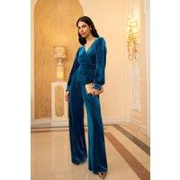 Yumi Women's Teal Velvet Long sleeve Jumpsuit | Size: 12