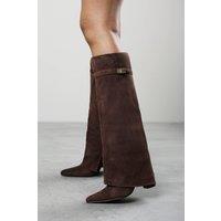 Where's That From Women's 'Frelia' Pointed Toe Foldover Knee High Block Heel Boots in Brown | Size: 7