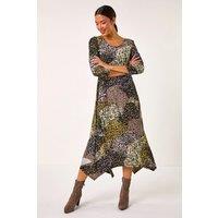 Roman Women's Animal Print Hanky Hem Midi Dress in Green | Size: 18