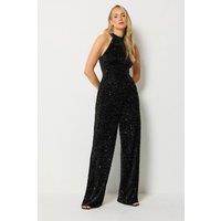Long Tall Sally Women's Tall Sequin Velvet Wide Leg Jumpsuit in Black | Size: 12