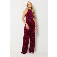 Long Tall Sally Women's Tall Sequin Velvet Wide Leg Jumpsuit in Red | Size: 20